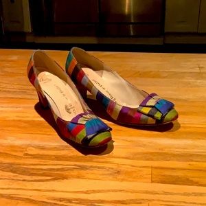 🌈VINTAGE 60s/70s Rainbow Silk Dupioni heels! VTG BARBIECORE 🌸